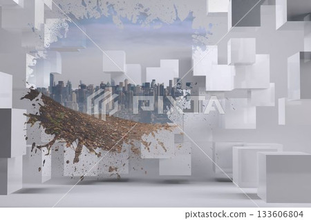 Fragmented city skyline is appearing through abstract floating cubes in 3D render with soil splash Fragmented city skyline is appearing through abstract floating cubes in 3D render with soil splash 133606804
