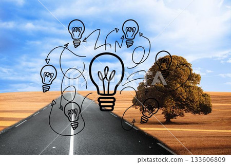 Light bulbs graphic on countryside with street Light bulbs graphic on countryside with street 133606809