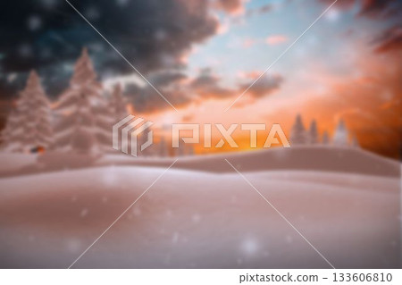 Flat design scene is showing snowdrifts framing glowing sunset sky with pine trees, falling flakes Flat design scene is showing snowdrifts framing glowing sunset sky with pine trees, falling flakes 133606810