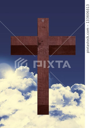 Wooden cross standing against deep blue sky with shining sunlight and glowing clouds in flat design Wooden cross standing against deep blue sky with shining sunlight and glowing clouds in flat design 133606813