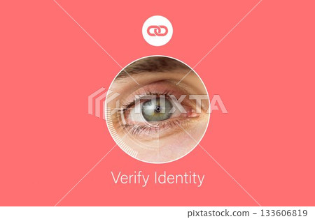 Flat design showing coral red background with chain icon, eye scanning frame, Verify Identity text Flat design showing coral red background with chain icon, eye scanning frame, Verify Identity text 133606819