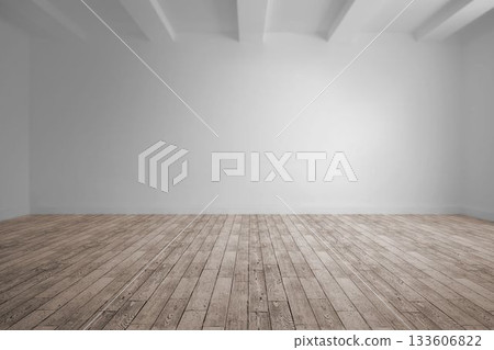 Empty room interior is being shown in flat design, highlighting wooden floor and ceiling beams 133606822