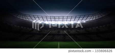 Flat design stadium is showing floodlit grass pitch center line under curved roof and seating tiers Flat design stadium is showing floodlit grass pitch center line under curved roof and seating tiers 133606826