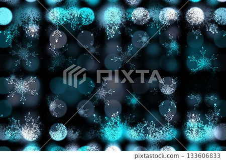 Snowflakes over table against turquoise Christmas lights 133606833