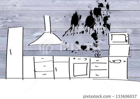 Kitchen sketch with ink splash Kitchen sketch with ink splash 133606837