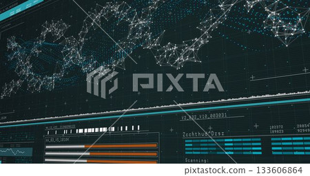 Flat tech dashboard is showing network nodes, histogram and bar charts, line chart and code labels Flat tech dashboard is showing network nodes, histogram and bar charts, line chart and code labels 133606864