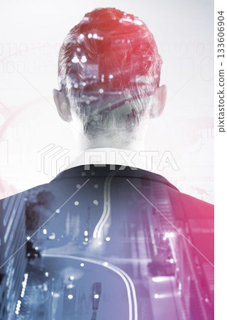 Digital composite image of man and street 133606904