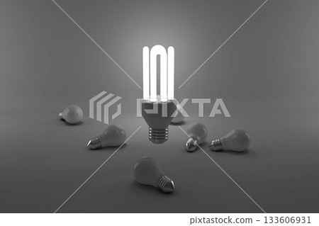Computer graphic image of lit energy efficient lightbulb 133606931
