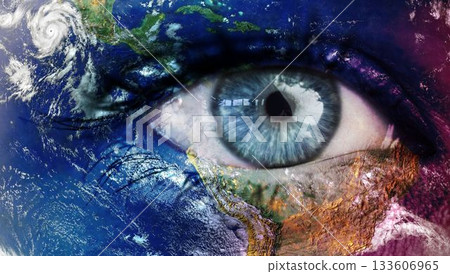 Blue human eye is merging with satellite Earth in surreal digital art showing hurricane, landmasses Blue human eye is merging with satellite Earth in surreal digital art showing hurricane, landmasses 133606965