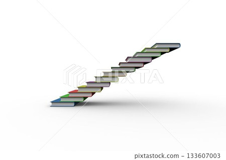 Hardcover book staircase is floating, ascending on white background in minimalist style, copy space 133607003