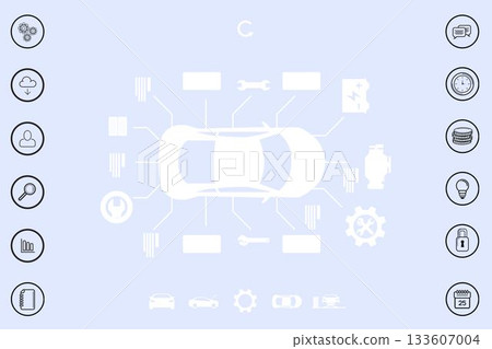 White car schematic is being shown in flat dashboard interface with component callouts and UI icons 133607004