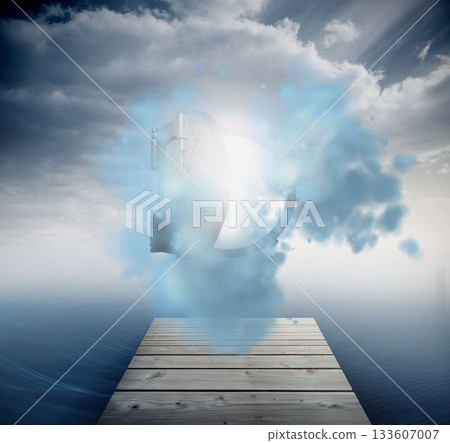 Open safe in sky over ocean 133607007