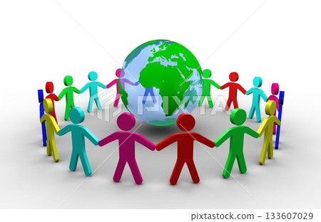 Flat design silhouettes holding hands around rotating 3D globe on seamless white background 133607029