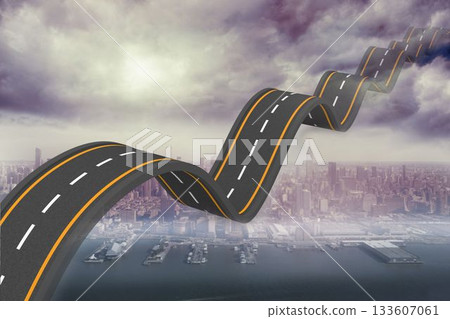 Twisting dashed highway segment is floating above harbor piers and skyline in surreal illustration Twisting dashed highway segment is floating above harbor piers and skyline in surreal illustration 133607061