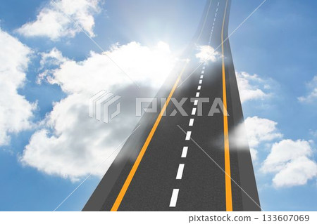 Flat design highway with yellow edges, dashed line is climbing into fluffy clouds against blue sky 133607069
