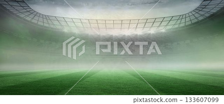 Flat design art is showcasing grass field with seating tiers under curved roof trusses, floodlights 133607099