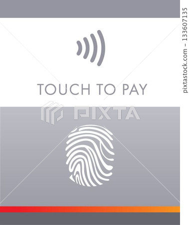 Vertical image of touch to pay text in grey with wifi symbol and white fingerprint, with copy space Vertical image of touch to pay text in grey with wifi symbol and white fingerprint, with copy space 133607135