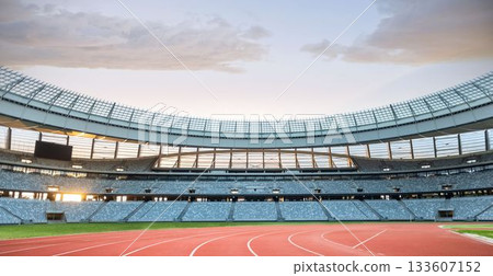 Flat design is showing empty red running track in stadium with seating, canopy and display boards 133607152