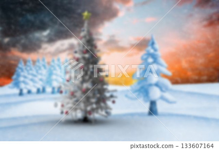 Vector illustration showing decorated Christmas tree amid snow drifts, fir trees, sunset sky Vector illustration showing decorated Christmas tree amid snow drifts, fir trees, sunset sky 133607164