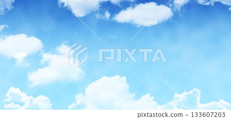 Cloud formations are filling flat design open sky gradient, showing fluffy white cumulus clouds 133607203