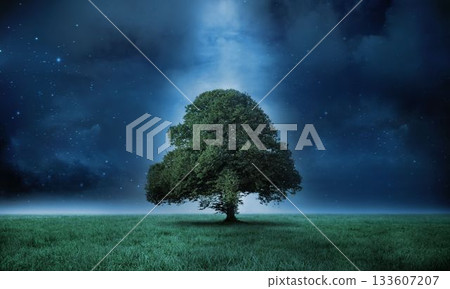 Solitary broadleaf tree is standing in flat design meadow under pale light beam against night sky Solitary broadleaf tree is standing in flat design meadow under pale light beam against night sky 133607207
