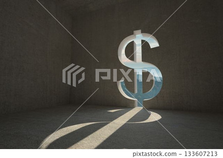 Flat design is showing rough concrete room with dollar wall cutout revealing hills view and shadow 133607213
