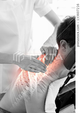 Man suffering from shoulder ache having massage 133607216