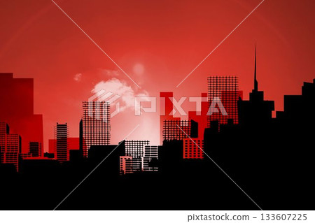 Vector design is showing black skyline under glowing red sky featuring bright orb and white cloud Vector design is showing black skyline under glowing red sky featuring bright orb and white cloud 133607225