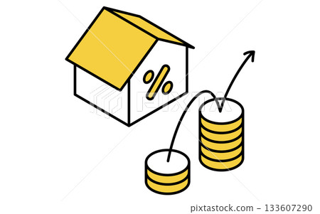 Simple line drawing isometric illustration of real estate purchase, mortgage floating and rising interest rates 133607290