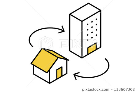 簡單的線條等距插圖，描繪了房地產購買、房屋和公寓之間的轉換過程。 133607308
