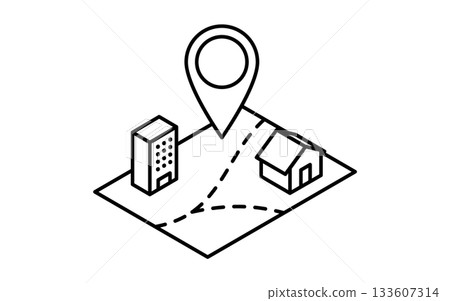 Simple line drawing isometric illustration of real estate purchase, location and area confirmation, black and white Simple line drawing isometric illustration of real estate purchase, location and area confirmation, black and white 133607314