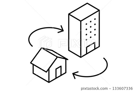 簡單的線條等距插圖，描繪了房地產購買、房屋和公寓之間的轉換，黑白風格。 133607336