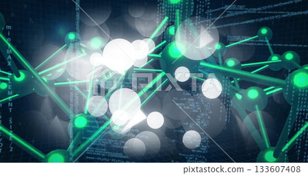 Displaying glowing green nodes connecting rods over dark grid, white bokeh, scrolling binary code Displaying glowing green nodes connecting rods over dark grid, white bokeh, scrolling binary code 133607408