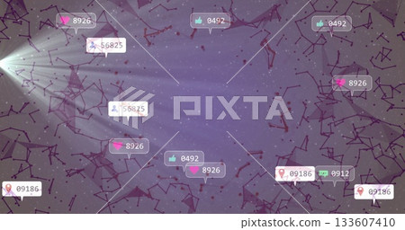 Radiating abstract network forming with purple nodes in digital space, showing social media icons Radiating abstract network forming with purple nodes in digital space, showing social media icons 133607410