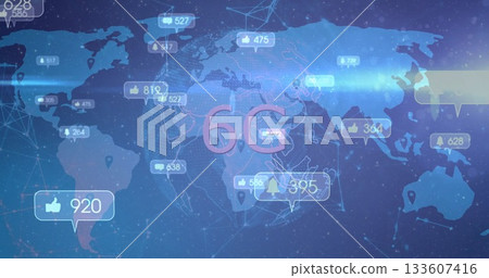 Projecting large pink 6G text floating over world map interface with network lines and icon bubbles 133607416