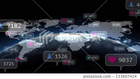 Displaying digital Earth globe in orbit, showing world map overlay with social media metric labels Displaying digital Earth globe in orbit, showing world map overlay with social media metric labels 133607424