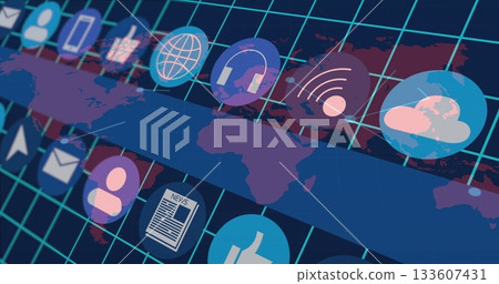 Displaying floating icons including globe, headphones, Wi-Fi, cloud, smartphone over map grid 133607431