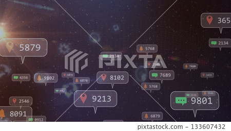 Floating notification bubbles drifting through data network, with map-pin, chat, bell icons Floating notification bubbles drifting through data network, with map-pin, chat, bell icons 133607432