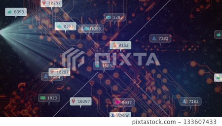 Glowing neon circuit network pulsing in digital grid, with social media notification icons 133607433