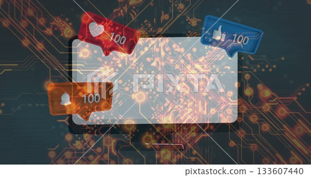 Smartphone with blank screen floating in glowing circuit board interface, with notification bubbles 133607440