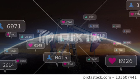 Showing oil pumpjack silhouette rising on planet horizon, displaying floating social media metrics 133607441