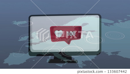 Displaying computer monitor showing rippled Europe map in data network, featuring red heart bubble 133607442