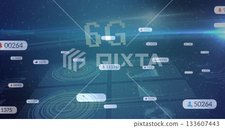 Projecting central 6G holographic interface showing data panels in cyberspace with radar graphics 133607443