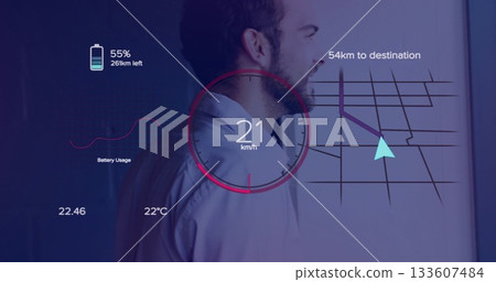 Standing bearded man wearing shirt checking projected battery, speedometer and map in meeting room Standing bearded man wearing shirt checking projected battery, speedometer and map in meeting room 133607484