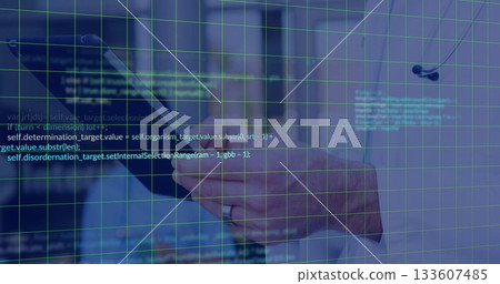 Hands holding black tablet computer in modern office lab, with grid code overlay, floating earbud Hands holding black tablet computer in modern office lab, with grid code overlay, floating earbud 133607485