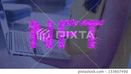 Holding laptop, female in yellow top hovering above keyboard in office, emitting glitch NFT overlay Holding laptop, female in yellow top hovering above keyboard in office, emitting glitch NFT overlay 133607498