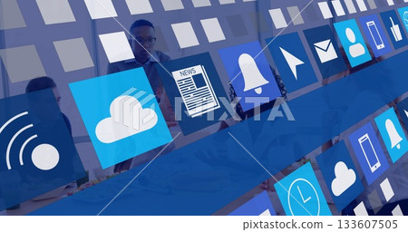 Six professionals in business attire collaborating at conference table with floating app icons Six professionals in business attire collaborating at conference table with floating app icons 133607505
