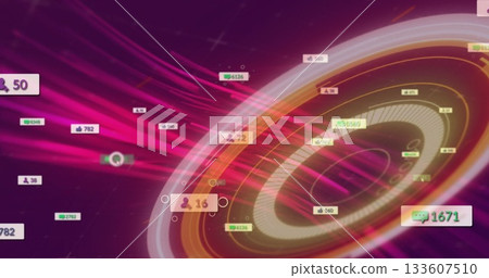 Swirling central concentric ring chart moving in data visualization, with social media metric icons Swirling central concentric ring chart moving in data visualization, with social media metric icons 133607510
