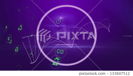 Central white ring floating with dotted-wave in purple gradient, showing green energy finance icons Central white ring floating with dotted-wave in purple gradient, showing green energy finance icons 133607512