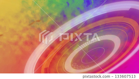 Displaying concentric rings floating on vibrant gradient, with radial lines and arc segments 133607513